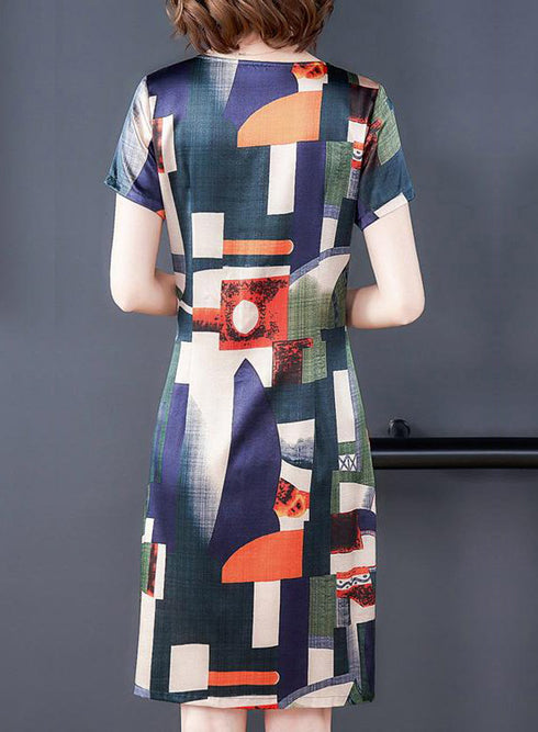 Jazzy Elegant Geometric Design V-Neck Short Sleeve A-Line Casual & Office Midi Dress